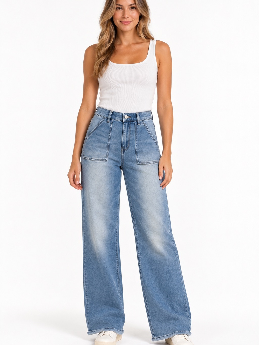 Flamingals Wide Leg High Rise Patch Pocket Stretch Jeans Small